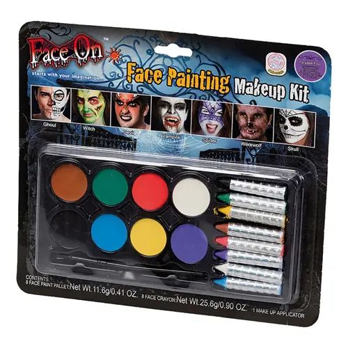 En svart förpackning med 8 olika färger och kritor som är tänkta för att sminka ansiktet på halloween tillverkad av märket "FaceOn"