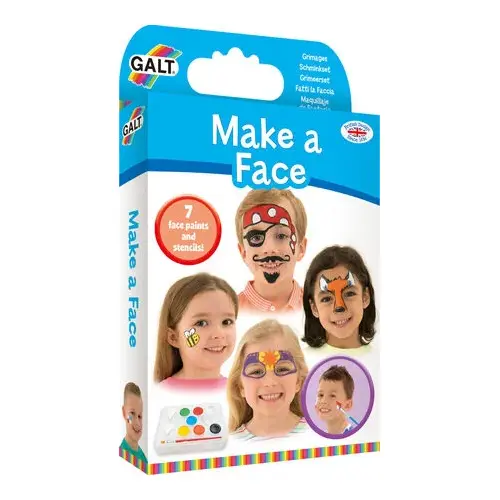En vit och ljusblå förpackning med ansiktsfärg för barn tillverkad av märket "GALT" som kallas "Make a face"