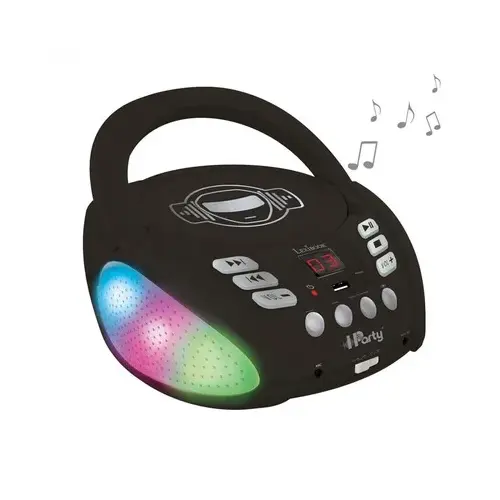 En svart CD spelare för barn med en högtalare i olika färger tillverkad av märket "Lexibook"