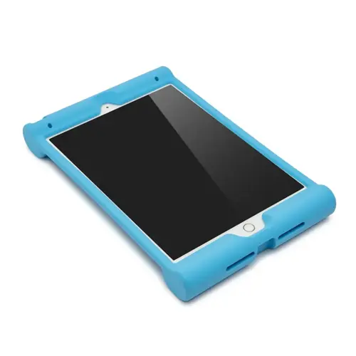 Ett ljusblått stort silikonfodral för iPads tillverkat av märket "Linocell" som är stöttåligt för att barn ofta tappar surfplattor