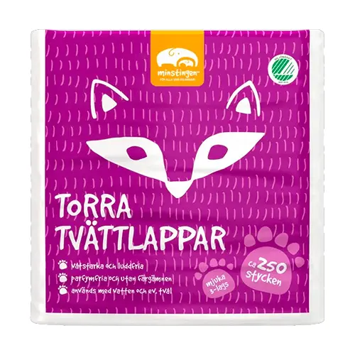 En rosa förpackning som innehåller 250 st torra tvättlappar för barn tillverkade av märket "Minstingen" med svanen-märkning